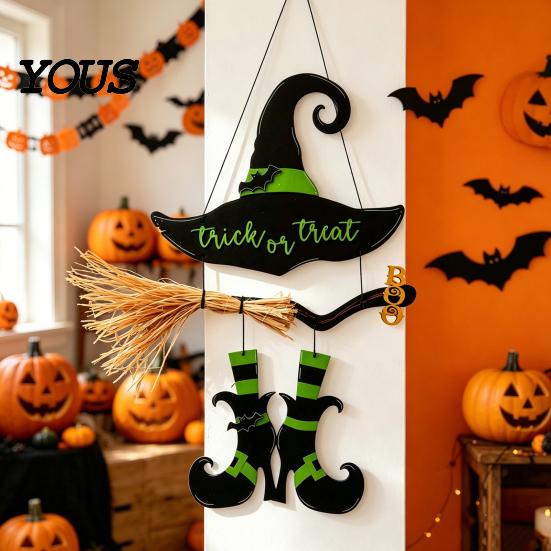 Witch Hat Wall Decor Halloween Boot Sign, Hanging Trick or Treat Decoration Entrance for Home Room, Wooden Front Door Hanger Holiday