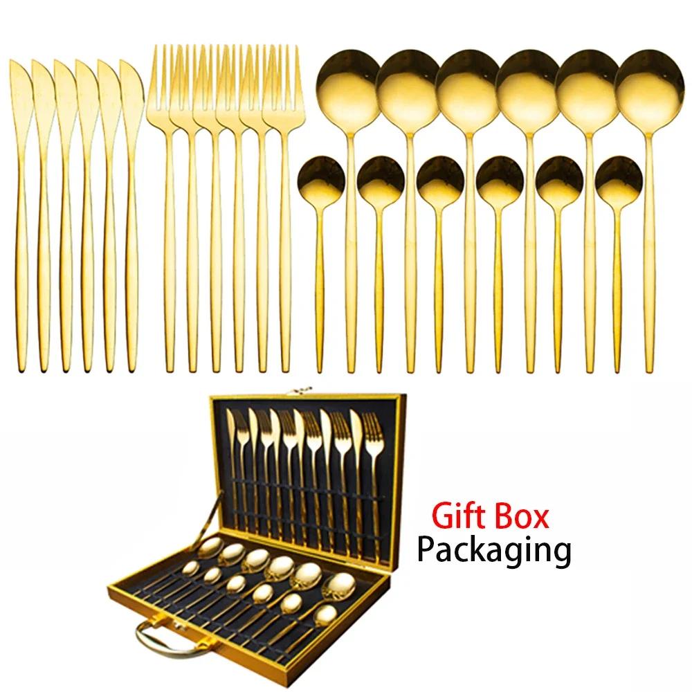 Tableware Set Gift Box Fabulous Cutlery Knife Fork Dessert Spoon Coffee Spoon 24PCS Gold Flatware Dinnerware Sets