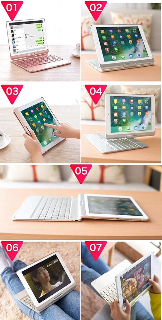 Rotating Backlit Case with and Integrated Folding for iPad and 7th Generation Silver 360-Degree Touchpad, Keyboard, 9th, 8th, (10.2-inch, 10.5-inch,