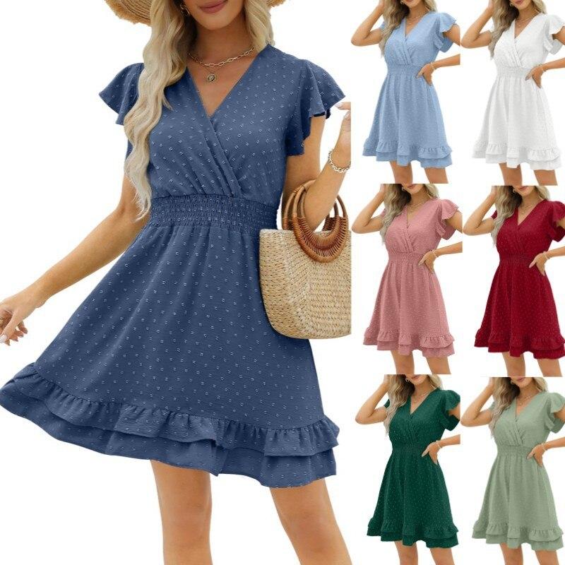 Summer  High Waist White Dress Sweet V-Neck Ruffle Short Sleeve Dot Dress Casual Cotton Linen Beach Mini Dress Vestidos 25628