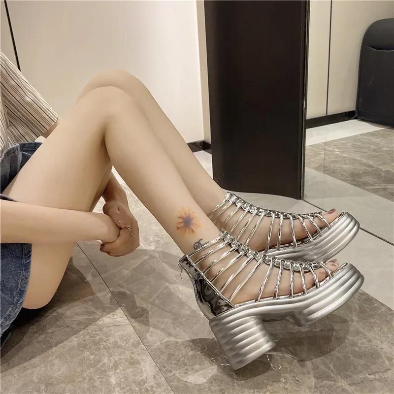 Women's Sandals Thick-soled Square Heel Heel Zipper Heel Wrap Shoes Women Daily Roman Fashion Dress All-match Sandalias De Mujer