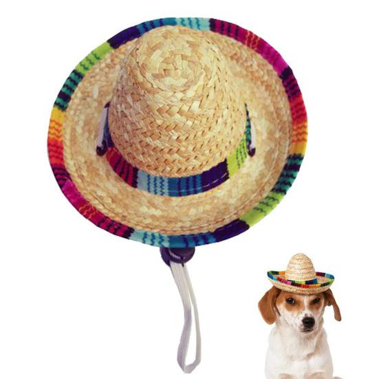 Cute Mini Puppy Dog Cat Straw Woven Sun Hat Cap Mexican Sombrero Pet Supplies