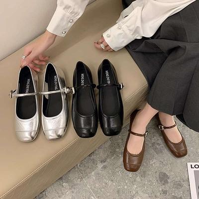 Talons épais semelle souple argenté bouche légère chaussures simples pour femmes printemps et été nouveau boucle à un mot avec jupe Mary Jane chaussures de grand-mère