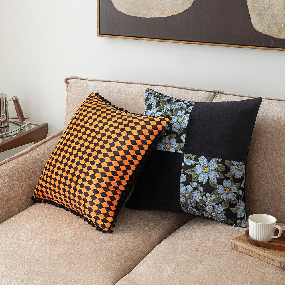 Houndstooth Splicing Pillow Case Sofa Decoration Cushion Cover Living Room Bedroom Waist Pillow Velvet Ball Pillow