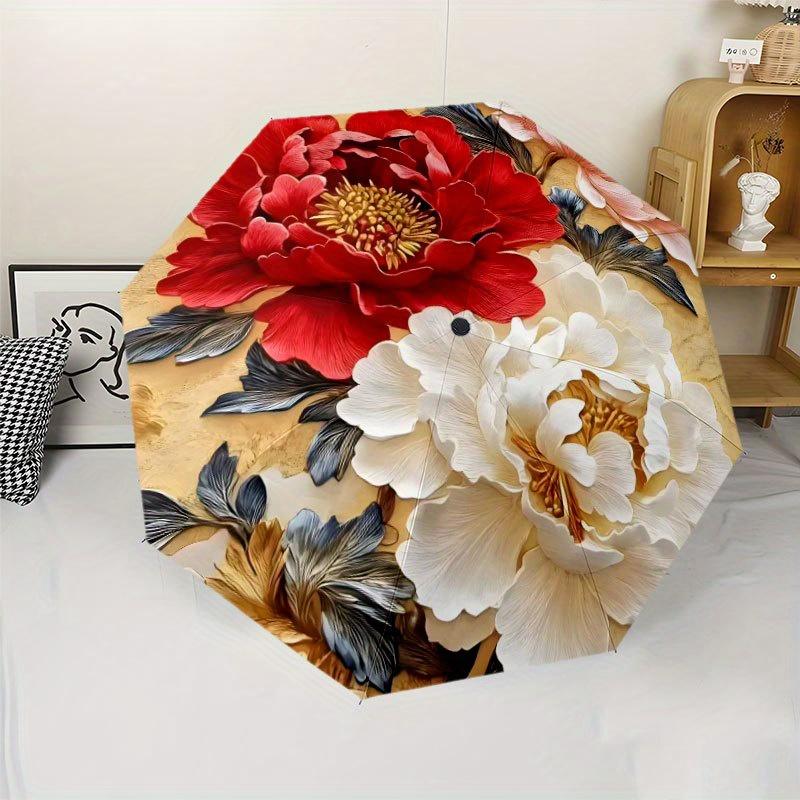 8-Rib Sturdy Peony Pattern Umbrella | Automatic Open, Foldable, Ideal for Outdoor Activities, Beach Travel, Fashionable and St