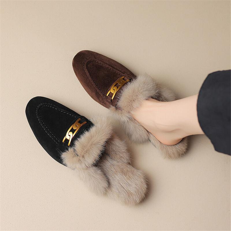 Fashion 2025 Winter Sheep Suede Women Shoes Rabbit Hair Mules Shoes for Women Round Toe Low Heel Slippers Chunky Heel Cover Toe Slippers