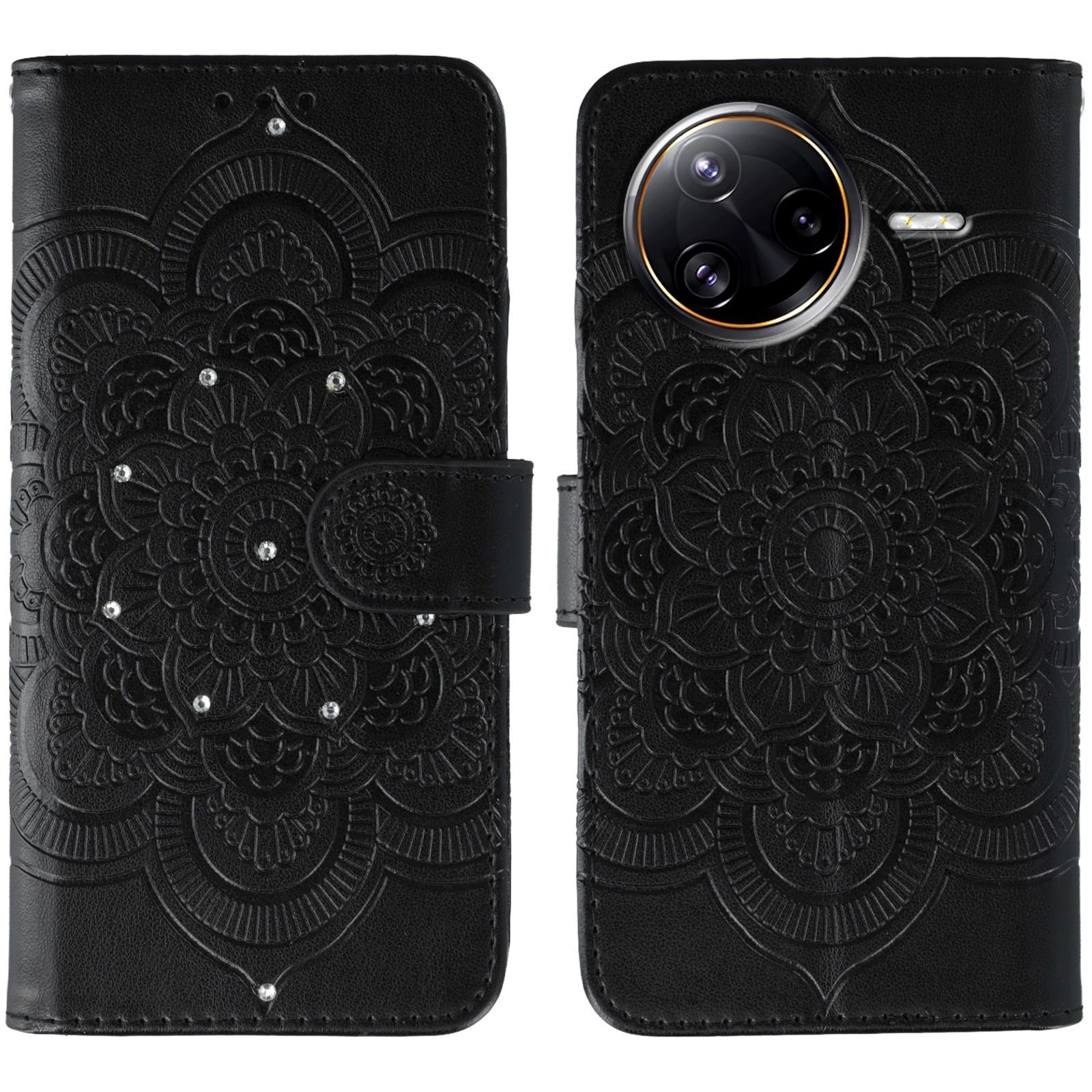 

Phone Case For Xiaomi Redmi K80 5G/K80 Pro 5G/Poco F7 Pro 5G/F7 Ultra 5G,Rhinestone Decor Leather Mandala Imprinted Cover with Strap Black