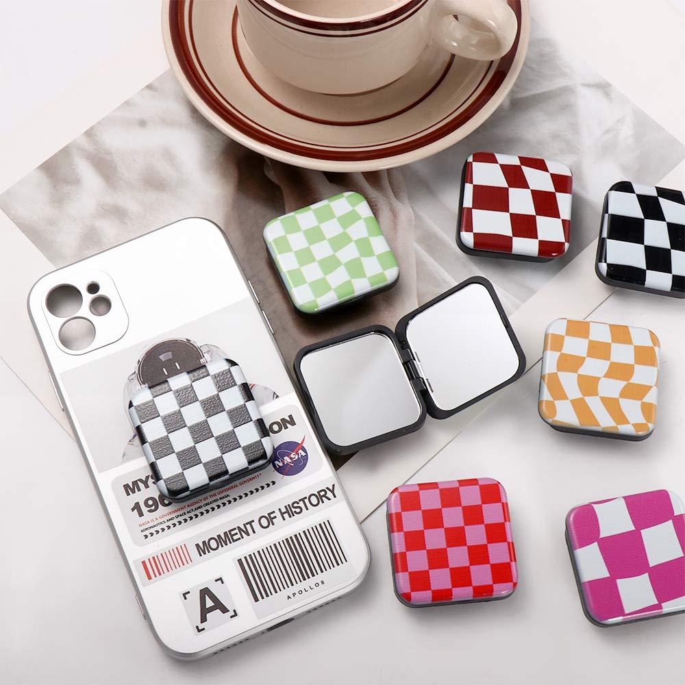Personalized Cellphone Finger Grip Cosmetic Mirror Phone Stand Holder Plaid Mirror Makeup Mirror