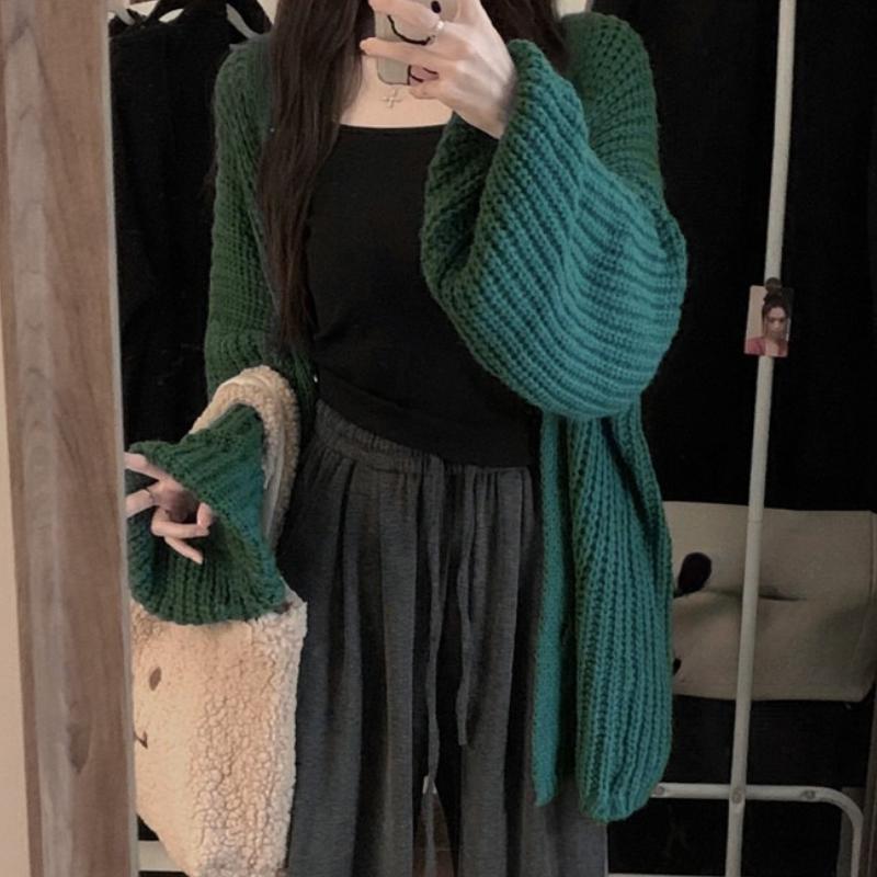 Retro Patchwork Lose Strickjacke Pullover Frauen Herbst und Winter Langarm Solide Strickwaren Strickjacken Weibliche Elegante Warme Knöpfe Pullover 24784