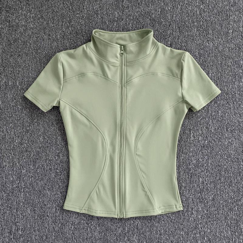 Women's Quick-Dry Slim-Fit Yoga Top - Waist-Cinching Short Sleeve with Half-High Collar