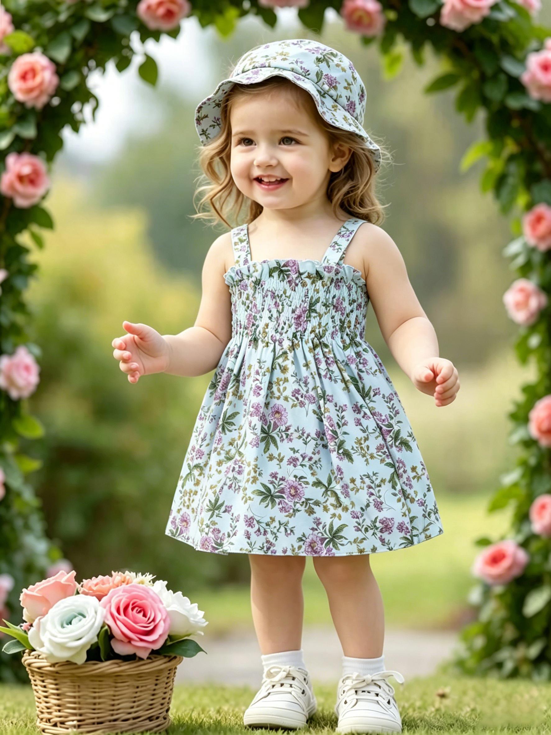 Summer Toddler Girls Floral Spaghetti Strap Dress, Loose Country Vacation Princess Dress 1-2Y