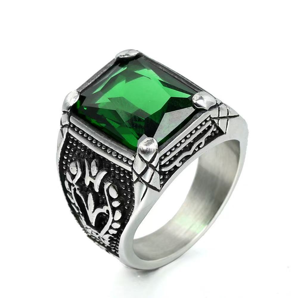 Vintage Big Green/Black/Red/Blue Color Stone Rings for Men Stainless Steel Fashion Punk Handmade Carved Tulip Ring Party Jewelry