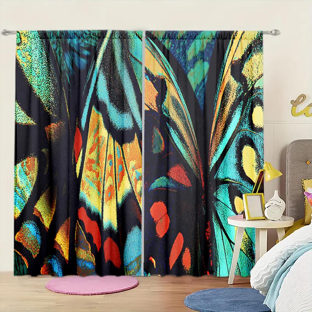 2pcs Colorful Butterfly Wings Printed Curtain for Home Decor - Rod Pocket Window Treatment for Bedroom, Office, Kitchen