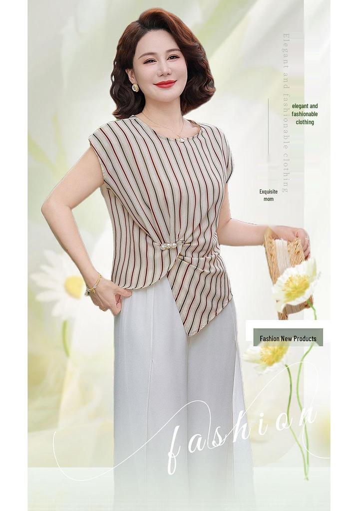 2026 Trendy Wide-Leg Pants & Striped Short-Sleeve Top Set for Middle-Aged and Seniors