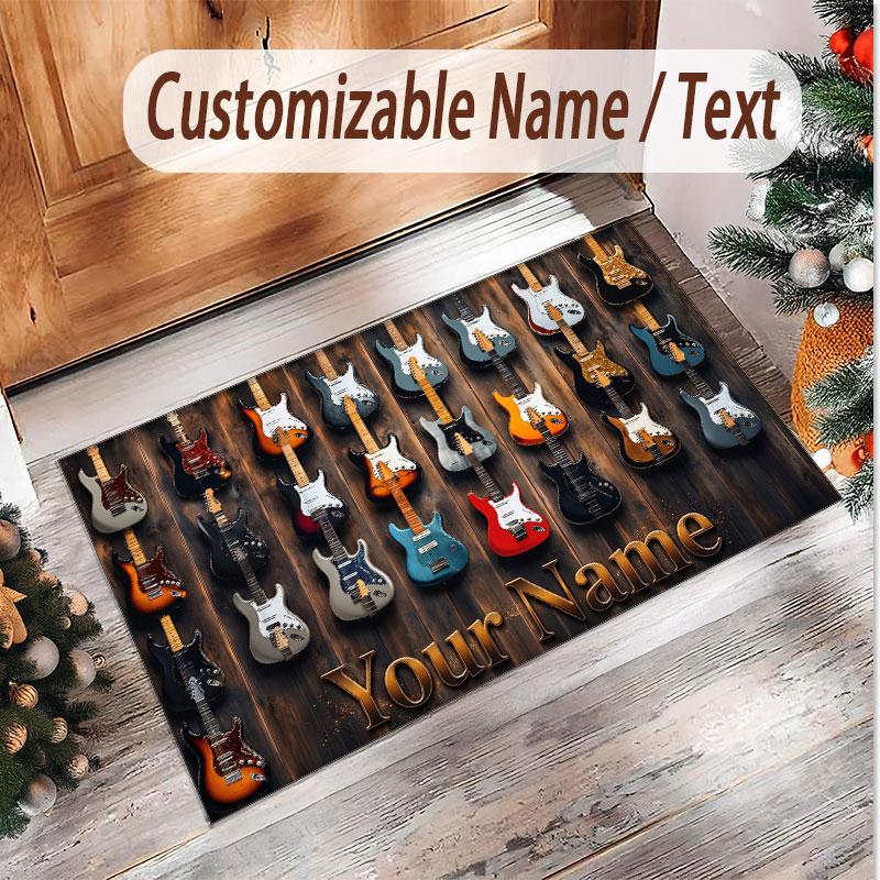 Music Guitar Theme Soft Crystal Velvet Rug Custom Name & Text Print Non Slip Floor Rug for Bedroom Living Room