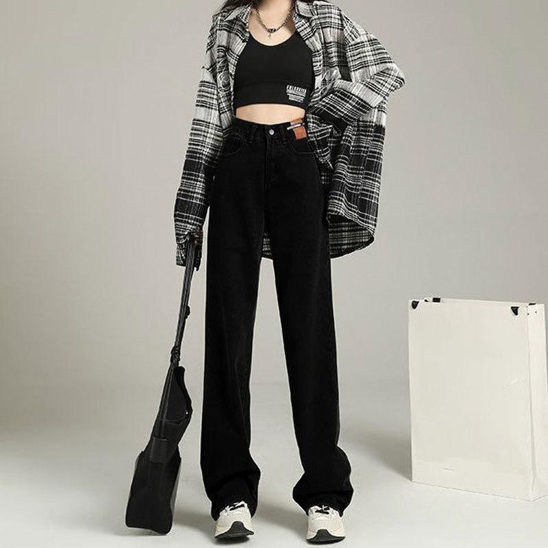 

GMXIA Джинсы грушевидной формы, повседневные, с высокой талией, широкие брюки, прямые, кожаные, фирменный дизайн, ретро, брюки до пола, осень XXL чёрный