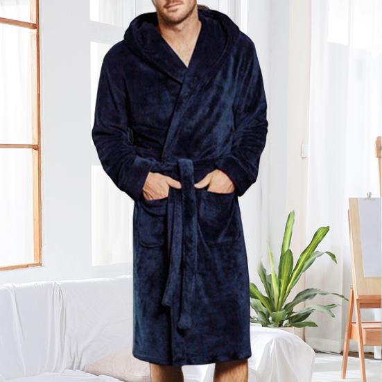 Long Sleeve Pockets Belt Solid Color Men Bathrobe Winter Warm Hooded Fleece Lengthened
