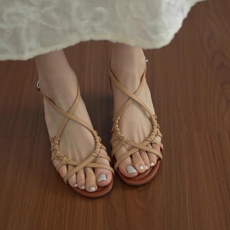 Super Soft Leather~ Hand-woven Hollowed-out Vacation Style High-heeled Roman Shoes for Women's Summer Open-toed Temperament with Skirt Sandals