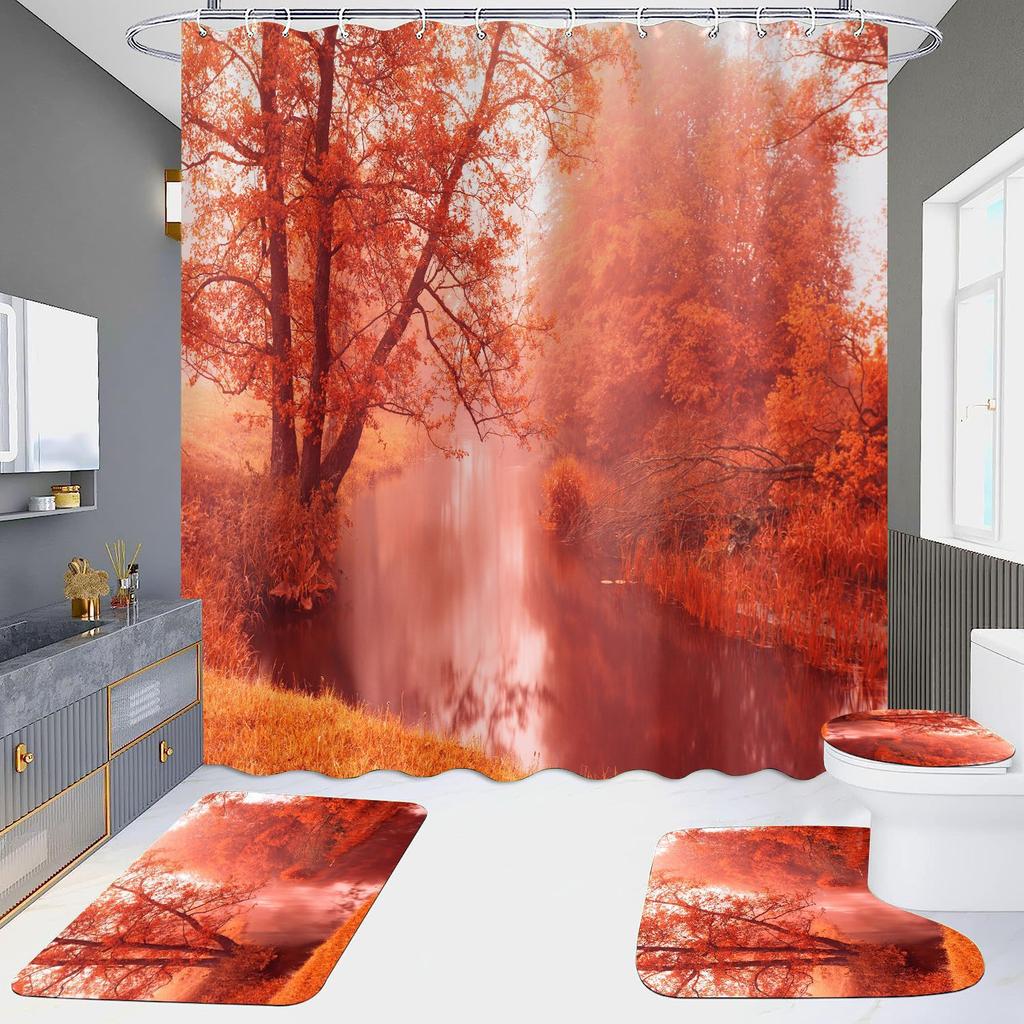 High Definition Digital Printing Shower Curtain Four-Piece Set Of Non-Punching Bathroom Bathroom Bathroom Partition Curtain Landscape