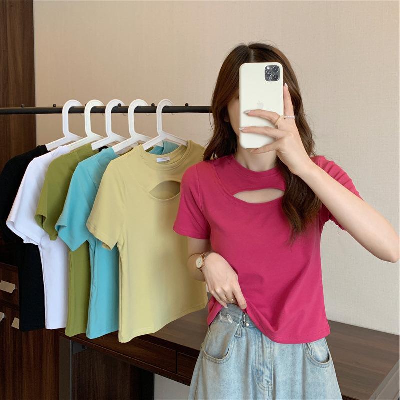 Women's Crew Neck Short Sleeve Cutout Crop Top Slim Fit Korean Casual Solid Color Pullover T Shirt Cute Summer Daily Blouse