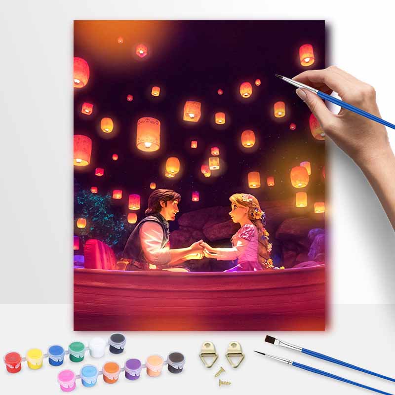 Disney Oil Painting DIY Digital Painting Tangled Romantic Floating Lanterns Scene HandPainted Wall Art for Living Room Entryway. 20x30cm