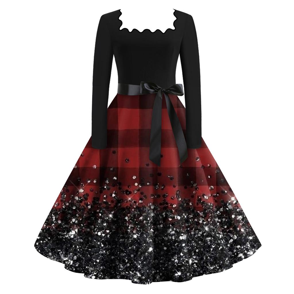 Kvinners mote Firkantet hals Uformell Slim Juletrykt Langermede kjoler