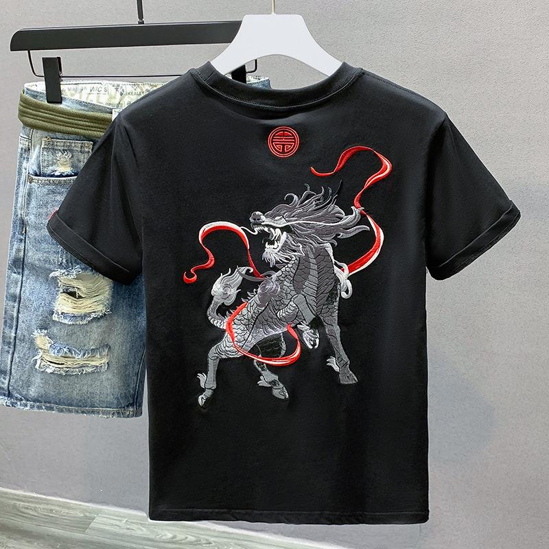 Men's Unicorn Embroidered Short-Sleeve T-Shirt - Chinese Style National Trend