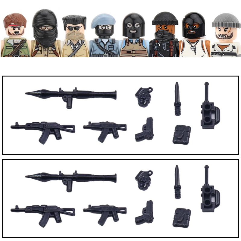 Non-Toxic City Accessories Moc Villain Gangster Figures Building Block Modern Soldier Mask Helmet Guns Bazooka Military Weapon Bricks Toys