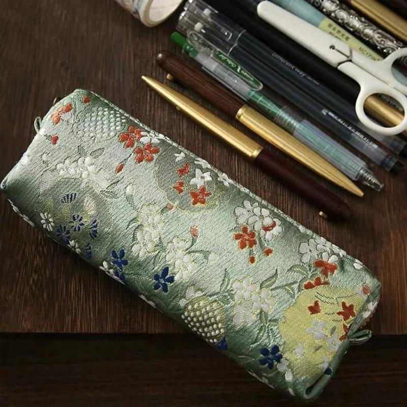 Vintage Embroidery Pencil Case Art Flower Bird Silk Brocade Pen Bags School Supplies Household Sundry Storage Pouch Kids Gifts