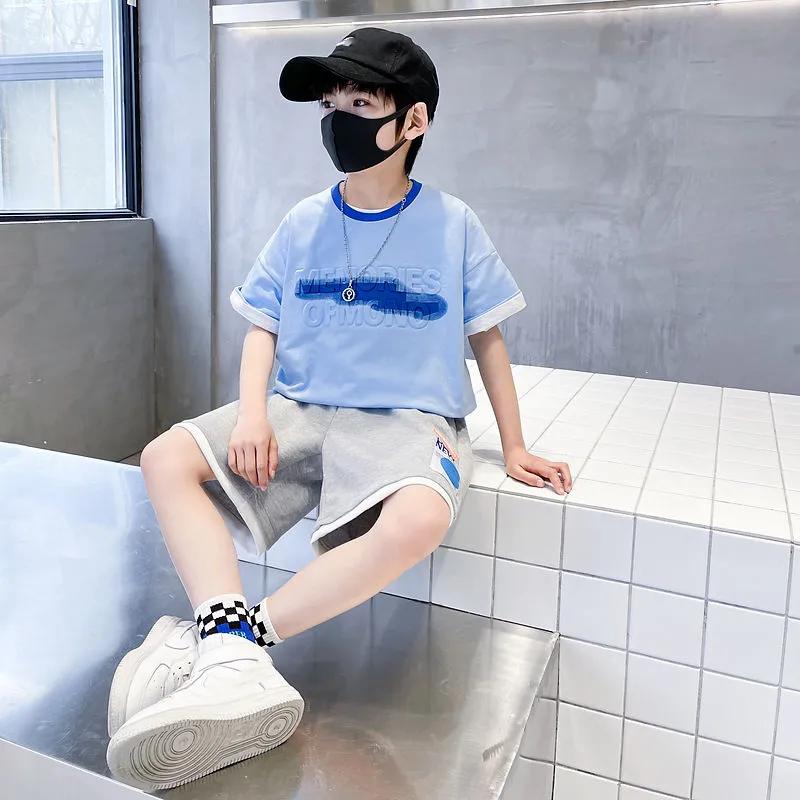 Boys Summer Handsome Sports Suit Middle and Large Children Personalized Short-sleeved T-shirt + Five Pants Thin Section Two-piece Set