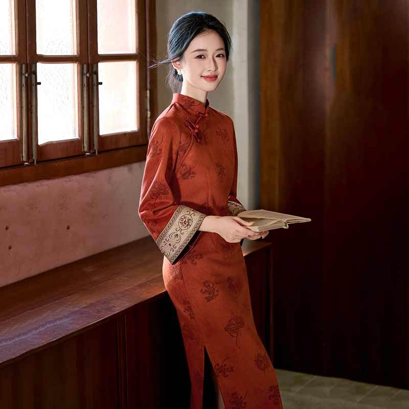 Orange national style new Chinese long autumn long-sleeved cheongsam improved young women's high-end sense retro slim spring and autumn