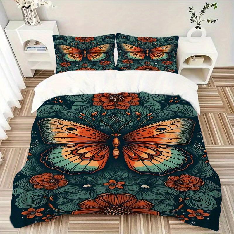 3pcs Animal-themed Butterfly Flowers Soft and Comfortable Breathability, Bedding Set, Machine Washable, Suitable for All Seasons164