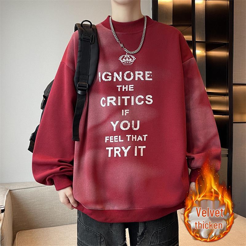

Men s American Style Warm Plus Velvet Hoodie - Autumn/Winter Casual Loose Fit Round Neck Pullover with Print XL