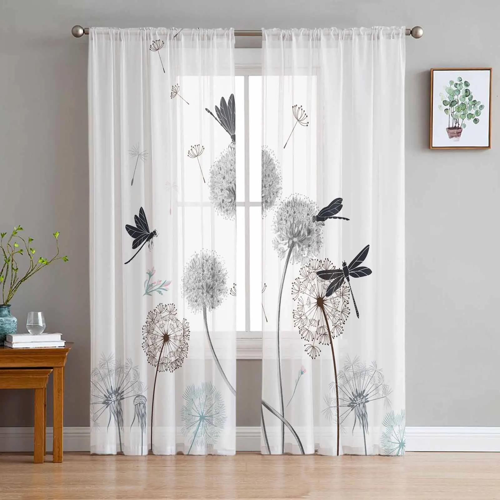 

Black And Pure White Dandelion Green Plant Soft Tulle Window Panel Drapes Living Room Silk-like Fabric Transparent Transparent Fabric Curtain W135 x H115cm x1&Grommet Top