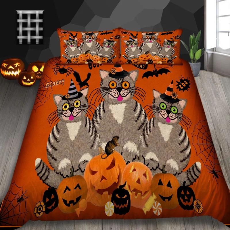 Halloween Pumpkin King Queen Duvet Cover Cartoon Black Cat Bedding Set Kids Girls Orange Pumpkin Lantern Polyester Quilt Cover
