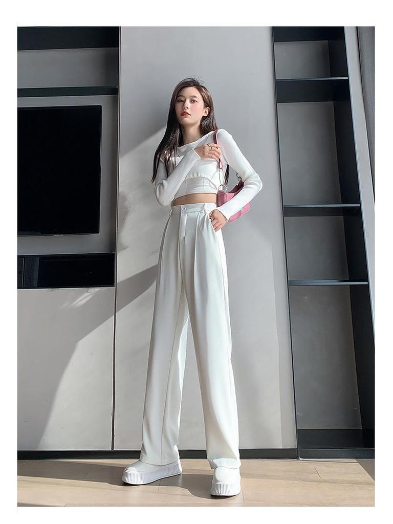 Women's High Waist Wide Leg White Suit Pants - Spring/Autumn Thin Style, Straight Loose Fit with Elegant Drape, Trendy and Versatile.
