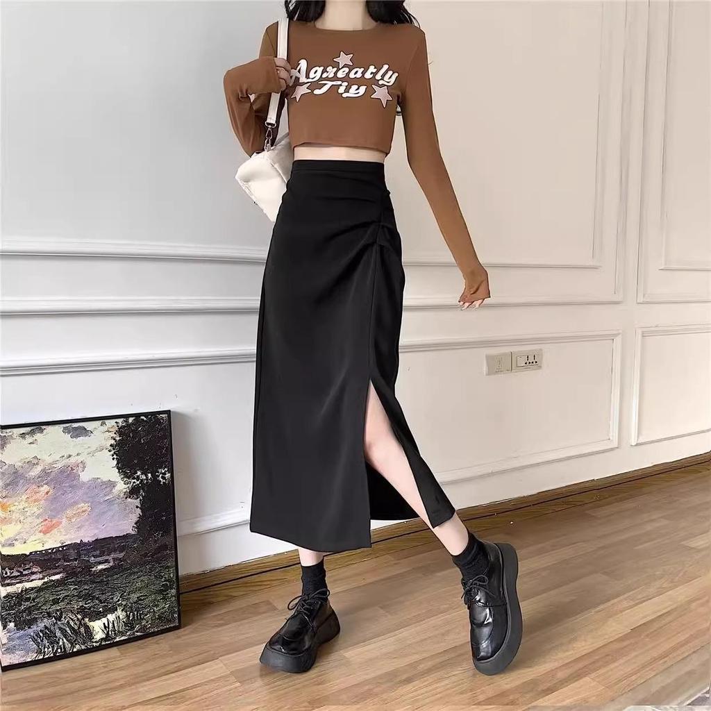 High Waist Slimming A-Line Midi Skirt with Slit - Korean Style Bodycon In Black