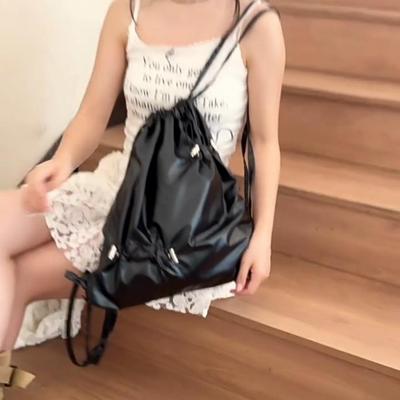 New Silvery Drawstring Double Shoulder Bag Women's Korean Lazy Tote Backpack Lightweight Easy-to-Carry Outdoor Sports Backpack AVE