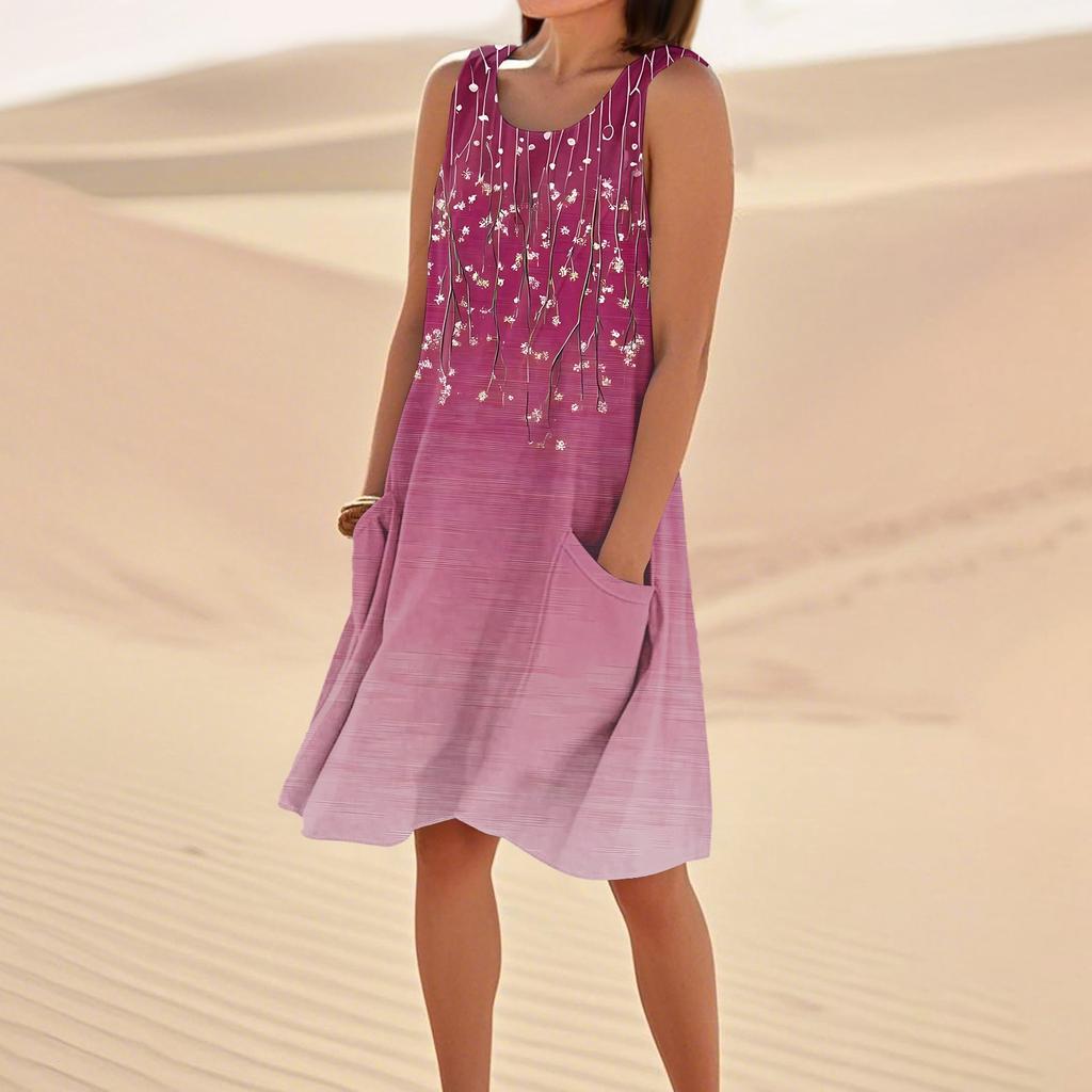 Print Dresses For Women Loose Beach Vacation Casual Sleeveless Sundresses With Pockets Tank Dress