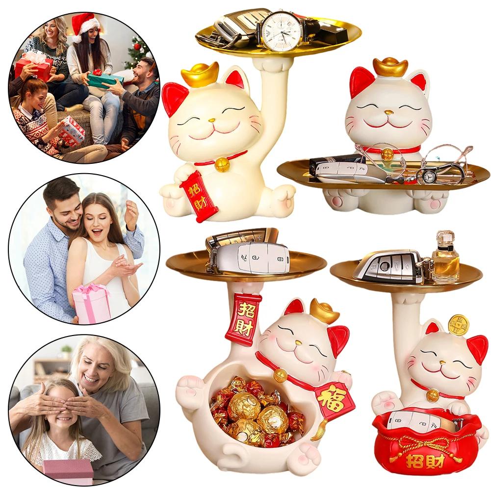 Fortune Cat Key Storage Tray Cartoon Creative Storage Tray Lucky Cat Home Storage Decorative Ornament for Home Porch Living Room
