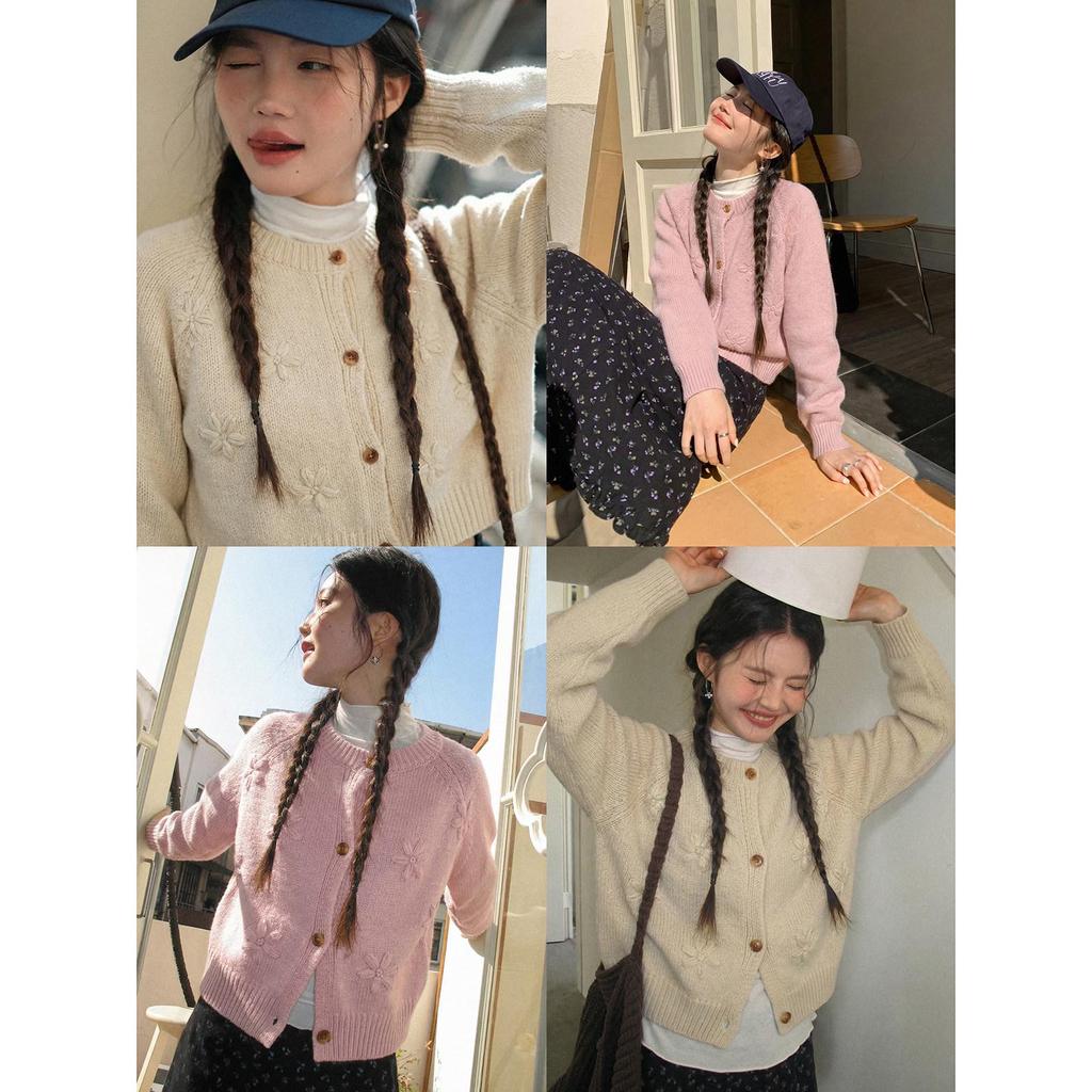 Women's Loose Korean Style Long Sleeve Knit Cardigan with 3D Blue Flower - Early Spring 2026 Collection