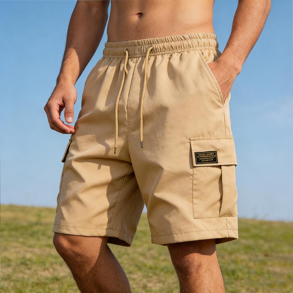 Summer Men's Solid Color Drawstring Cargo Shorts with Flap Pockets Casual Relaxed Athletic Fitness Training Multi-Pocket Bottoms