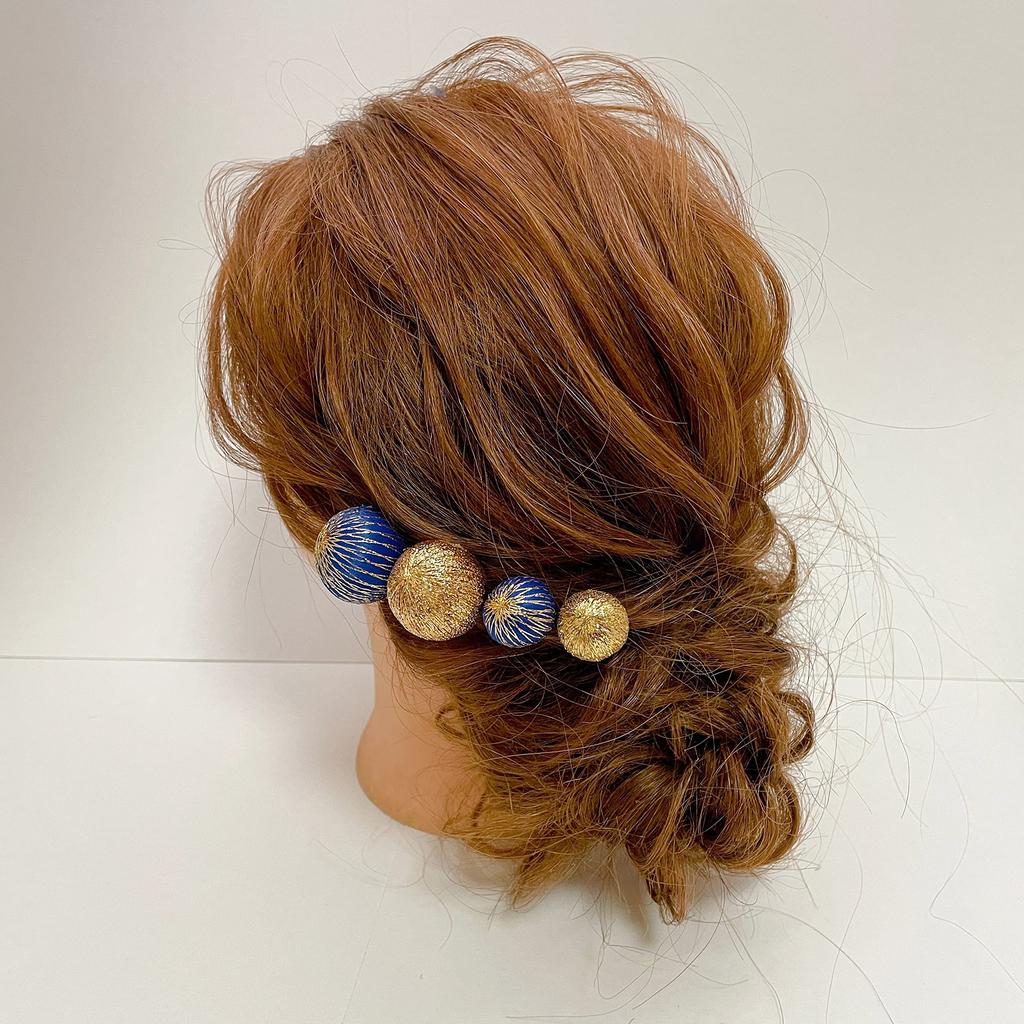Japanese Style Hair Ornament with Blue and Gold Leaf and Mizuhiki Damakanzashi for and Perfect for Bridal (ball Kanzashi) Graduations, Weddings,