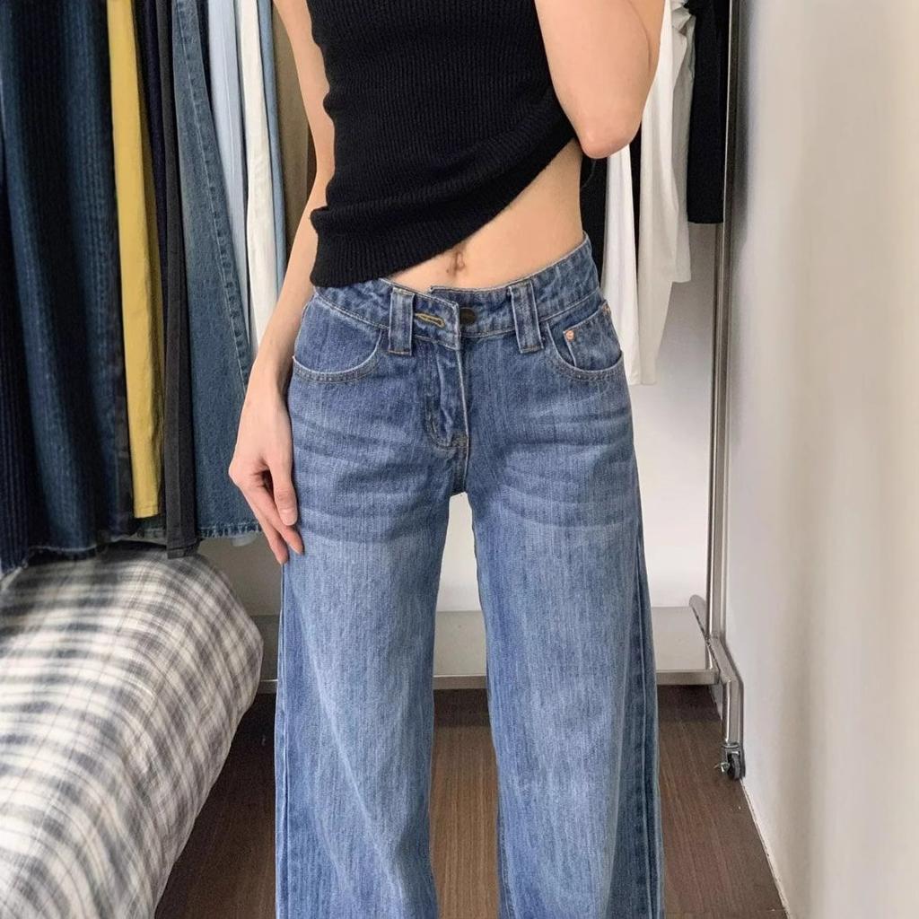 Women's Trend Hong Kong Style Wide Leg Jeans for Small People Loose Cover Meat Thin Straight Dragging Trousers Jeans for Women Long Denim Pants