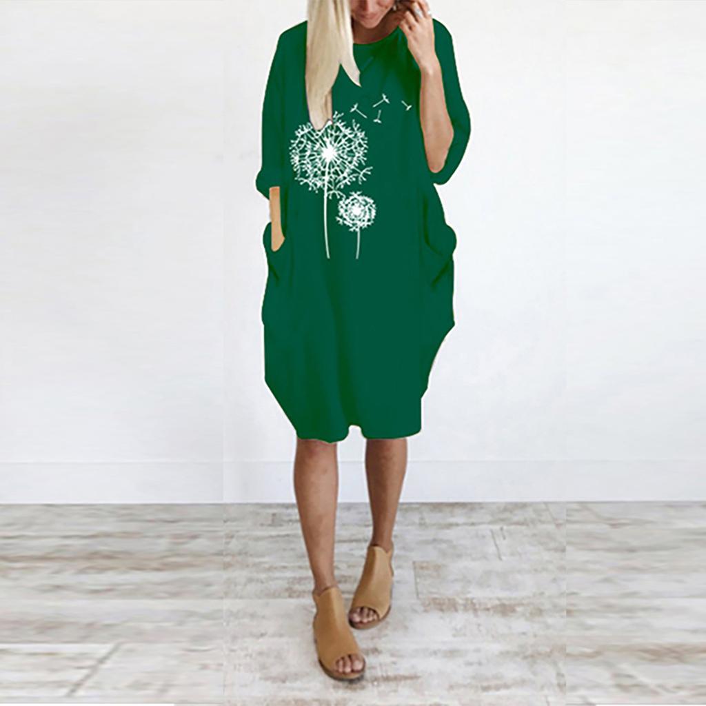 Women's Casual Loose Fit Pullover Dress with Round Neck and Pockets Featuring Printed Floral Design Comfortable Everyday Wear
