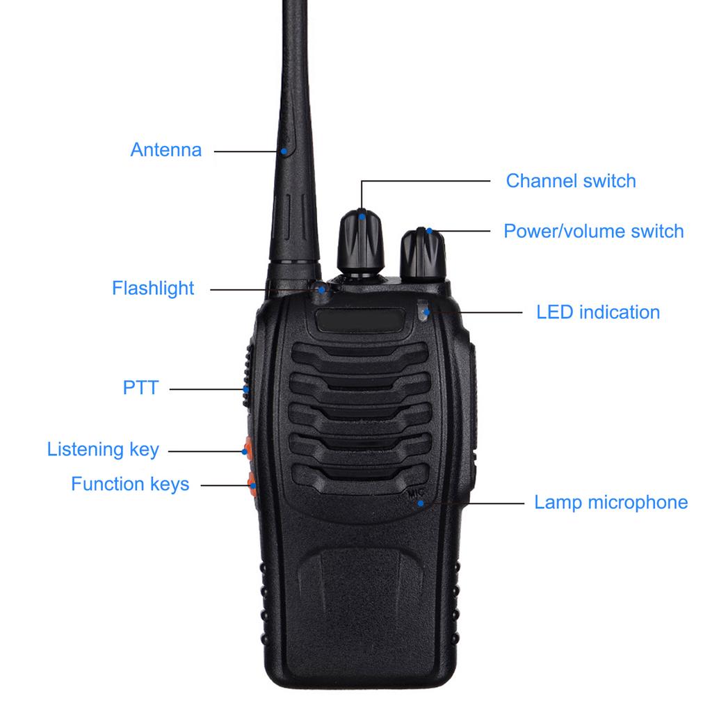 מכשירי קשר דו-כיווניים UHF 400-470MHz משדר-מקלט FM 16 ערוצים ידניים עם אוזניות, פנס, נטענים