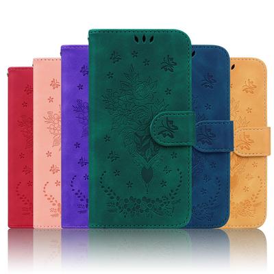 Emboss 3D Rose Butterfly Flower Pattern Leather Phone Wallet Case Book For iPhone 14 Samsung Xiaomi Google Girls Pink Color Stand Card Flip Cover Bag