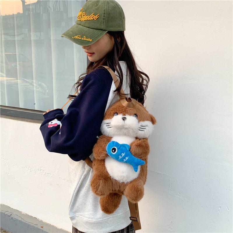 Cute Otter Holding Fish Plush Backpacks Kawaii Girls Trendy Single-Shoulder Bag Adorable Casual Student Bag For Girlfriend Gift