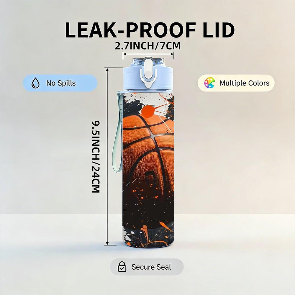 1 Stück Dunkler Spritzer Basketball Sportdruck 750 ml Farbe Kunststoff Sportwasserflasche Auslaufsicher Klappdeckel mit Strohhalm Geeignet für Sport Büro Zuhause
