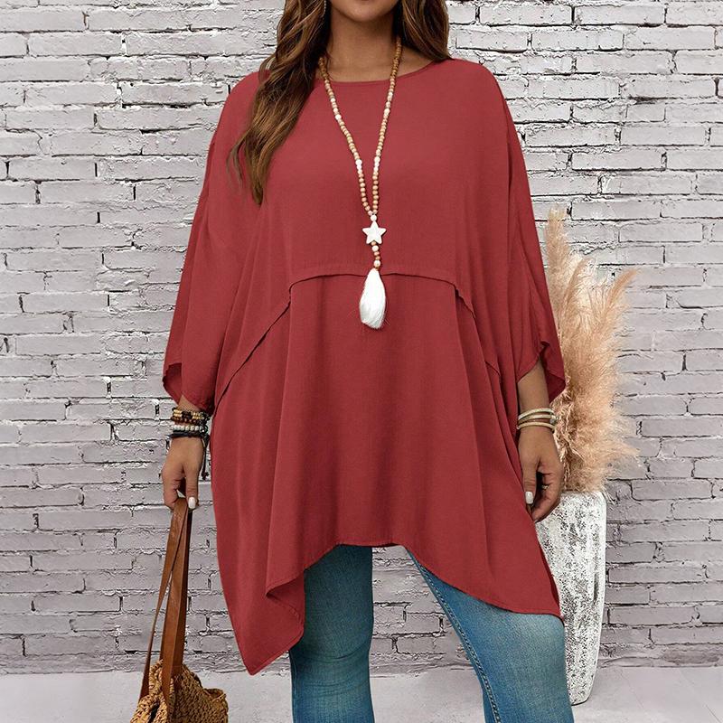 Women Plus Size Solid Color Asymmetric Hem Poncho Top Batwing Sleeve Loose Summer Blouse
